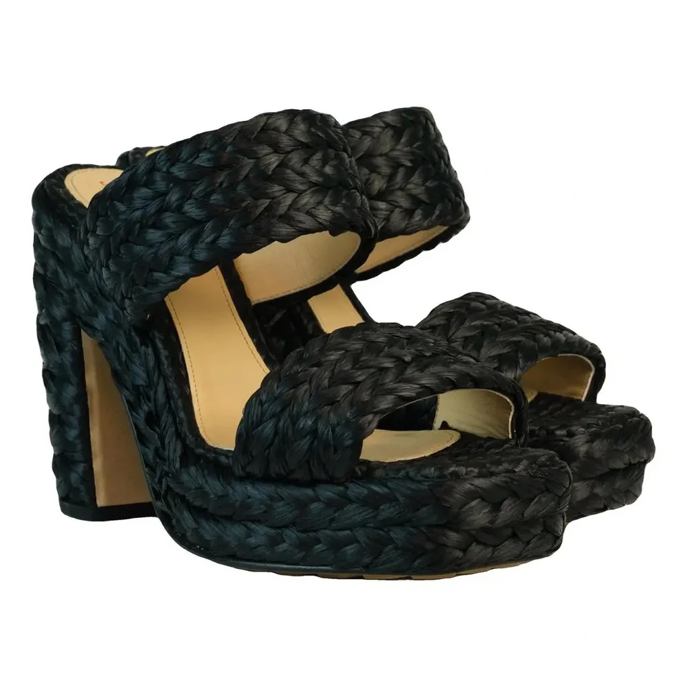 Bottega Veneta Woven Straw 120mm Platform Sandals Black Women's EU 40 / US 10